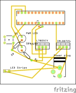 PCB layout of circuit. Designed with fritzing.